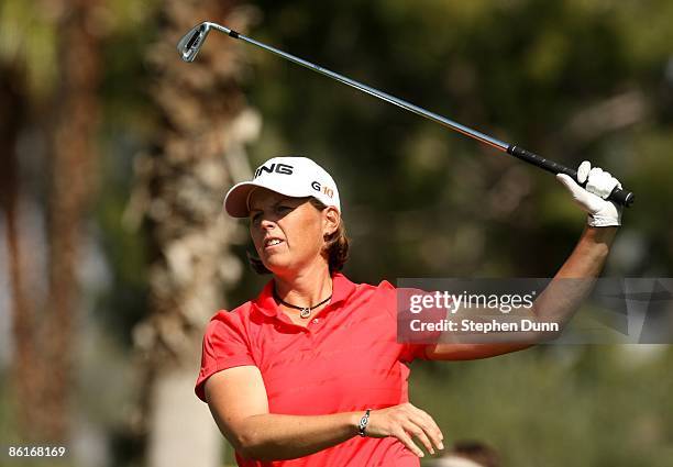 Wendy Ward hits her tee shot on the fifth hole during the first round of the Kraft Nabisco Championship at Mission Hills Country Club on April 2,...