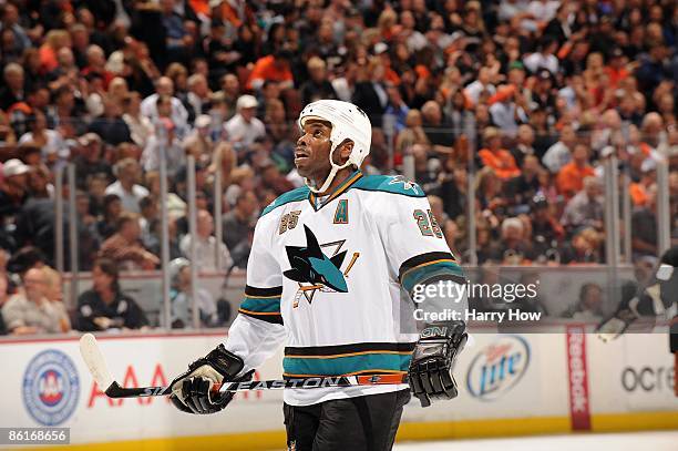 Mike Grier of the San Jose Sharks looks on against the Anaheim Ducks during Game Three of the Western Conference Quarterfinal Round of the 2009...