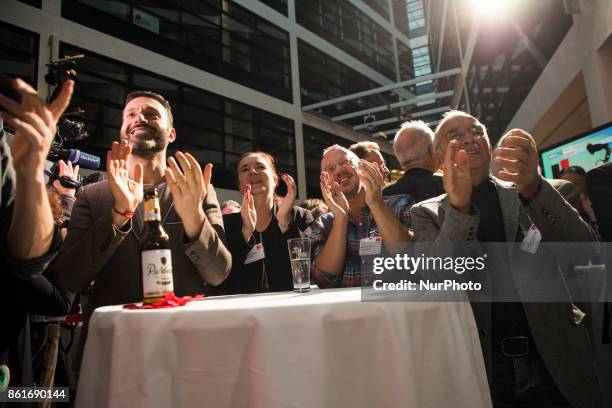 Members reacts to the announcement of the first projections of the results of the elections in Lower Saxony at the Social Democratic Party...