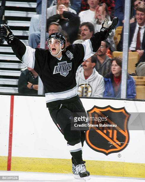 Luc Robitaille of the Los Angeles Kings celebrates goal against the Boston Bruins at the Fleet Center in Boston.