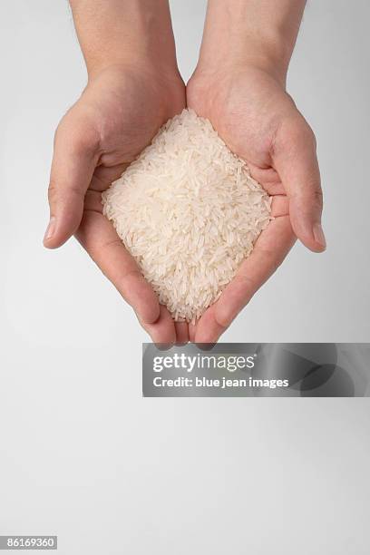 cupped hands holding rice - white rice stock pictures, royalty-free photos & images