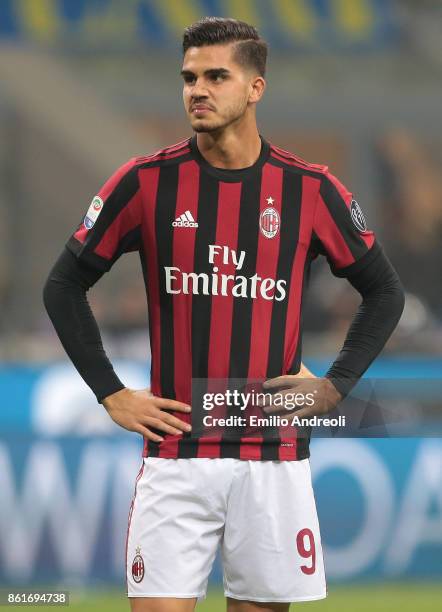 Andre Silva of AC Milan looks on during the Serie A match between FC Internazionale and AC Milan at Stadio Giuseppe Meazza on October 15, 2017 in...