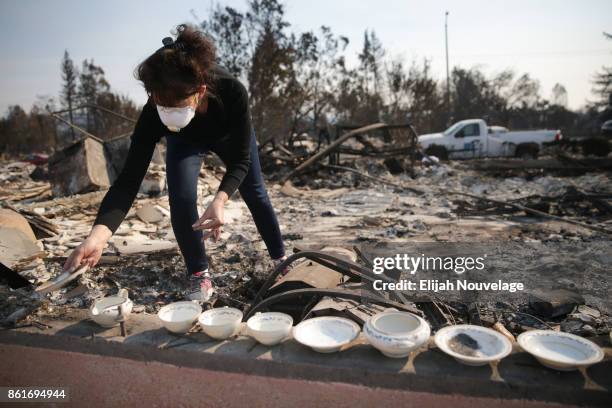 Karen Curzon salvages her grandmother's China set from the remains of her home in the Coffey Park neighborhood on October 15, 2017 in Santa Rosa,...
