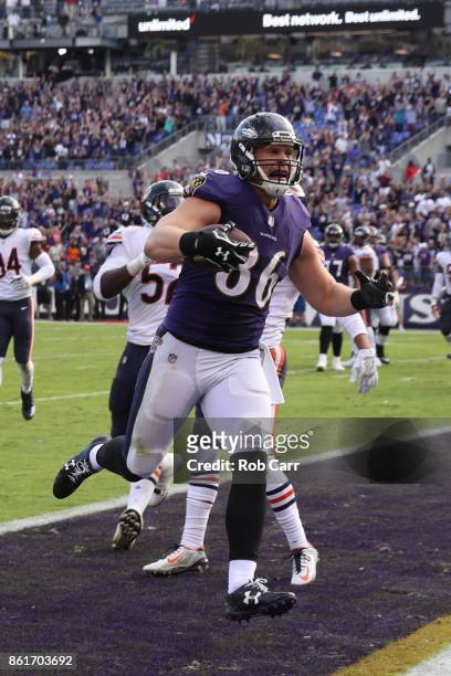Tight End Nick Boyle of the Baltimore Ravens catches a two point conversion in the fourth quarter against the Chicago Bears at M&T Bank Stadium on...