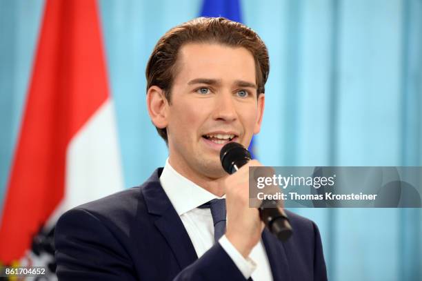 Sebastian Kurz, Austrian Foreign Minister and leader of the conservative Austrian Peoples Party speaks at the party's election event after initial...