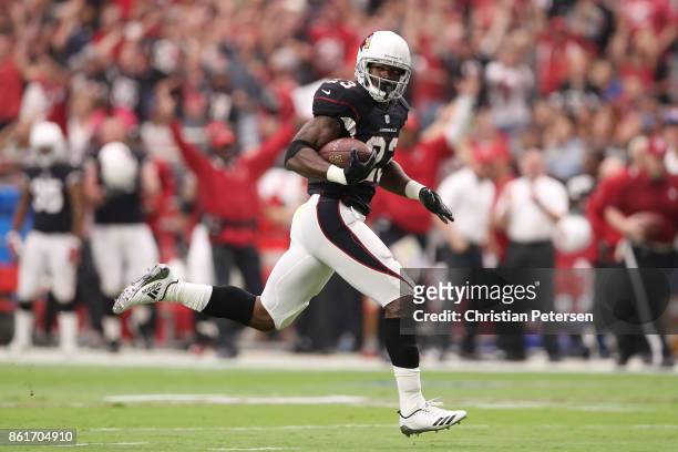 Running back Adrian Peterson of the Arizona Cardinals rushes the football on a 27 yard touchdown against the Tampa Bay Buccaneers during the first...