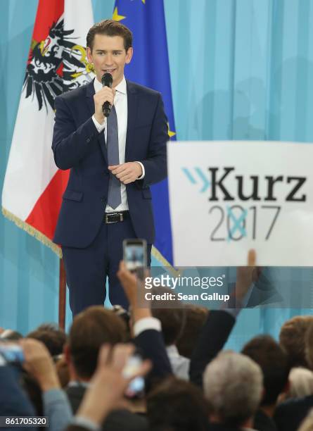 Sebastian Kurz , Austrian Foreign Minister and leader of the conservative Austrian People's Party , speaks to supporters after initial results give...