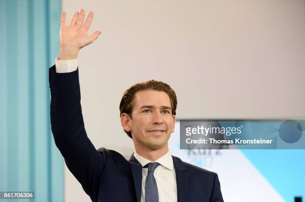 Sebastian Kurz, Austrian Foreign Minister and leader of the conservative Austrian Peoples Party speaks at the party's election event after initial...
