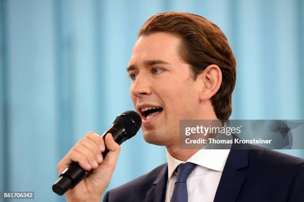 Sebastian Kurz, Austrian Foreign Minister and leader of the conservative Austrian Peoples Party speaks at the party's election event after initial...