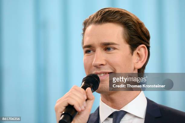 Sebastian Kurz, Austrian Foreign Minister and leader of the conservative Austrian Peoples Party speaks at the party's election event after initial...