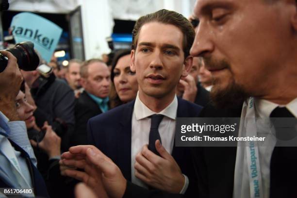 Sebastian Kurz, Austrian Foreign Minister and leader of the conservative Austrian Peoples Party arrives at the party's election event after initial...