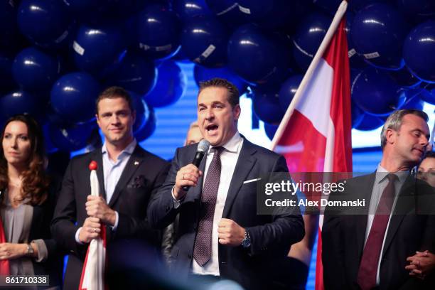 Heinz-Christian Strache, lead candidate of the right-wing Austria Freedom Party attends the party's election event following Austrian parliamentary...