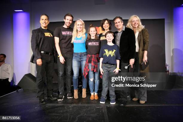 Bronx Tale", "Waitress" and "Wicked" cast members pose with Sirius/XM radio host Seth Rudetsky and actress and host Rachel Bay Jones during Broadway...