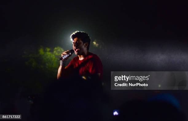 Indian bollywood actor and singer Farhan Akhtar performs during a live concert in Indian Institute of Information Technology , in Allahabad on...