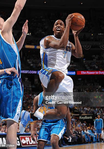 Chauncey Billups of the Denver Nuggets goes to the basket against the New Orleans Hornets during Game Two of the Western Conference Quarterfinals...