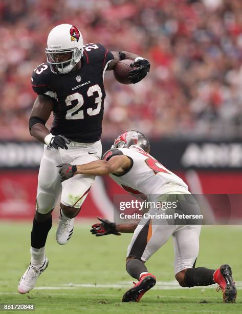 Running back Adrian Peterson of the Arizona Cardinals rushes the football against cornerback Brent Grimes of the Tampa Bay Buccaneers during the...