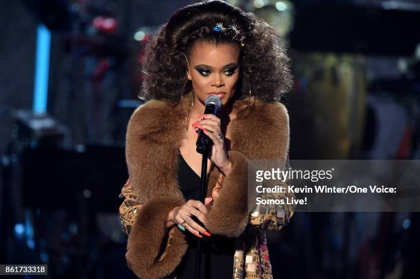 In this handout photo provided by One Voice: Somos Live!, singer Andra Day performs onstage during "One Voice: Somos Live! A Concert For Disaster...