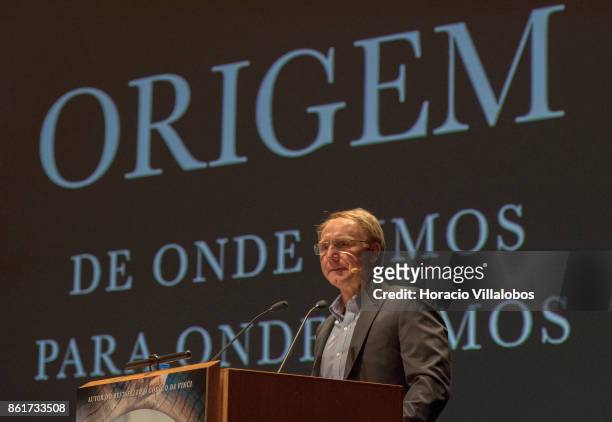 Novelist Dan Brown presents onstage the Portuguese edition of "Origin", his last book, at Centro Cultural de Belem on October 15, 2017 in Lisbon,...