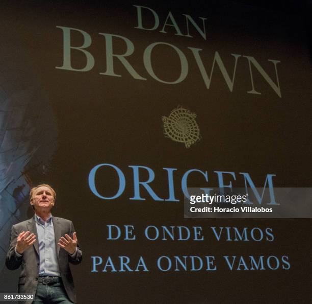 Novelist Dan Brown answers questions during the presentation of the Portuguese edition of "Origin", his last book, at Centro Cultural de Belem on...