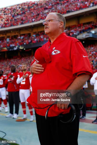 Head coach Andy Reid of the Kansas City Chiefs stands at attention for the national anthem prior to the game against the Pittsburgh Steelers at...