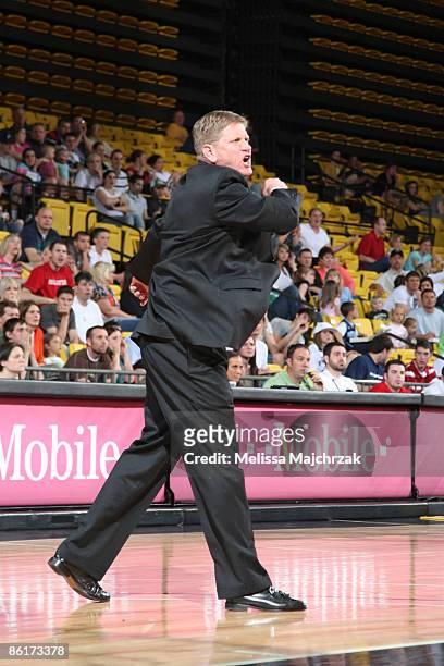 Head Coach Brad Jones of the Utah Flash reacts after a call by the refs during the game against the Colorado 14ers during Game One of the D-League...