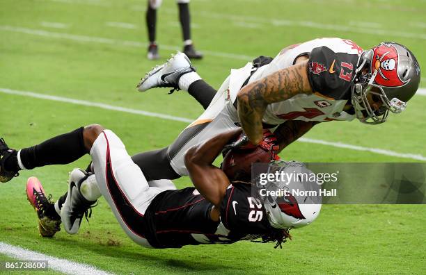 Tramon Williams of the Arizona Cardinals intercepts a pass on the goal line as Mike Evans of the Tampa Bay Buccaneers attempts to strip the ball away...