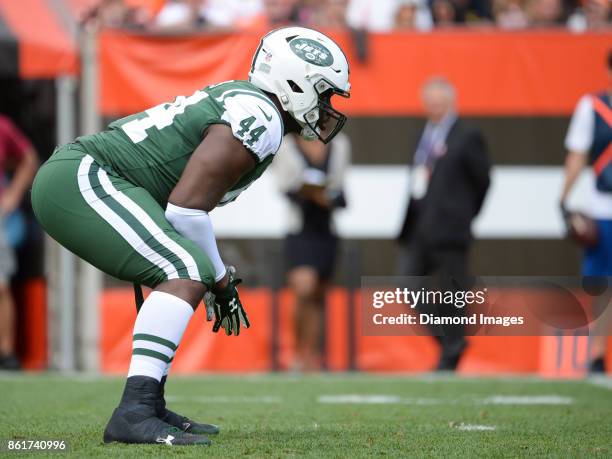 Fullback Lawrence Thomas of the New York Jets awaits the snap from his position in the first quarter of a game on October 8, 2017 against the...