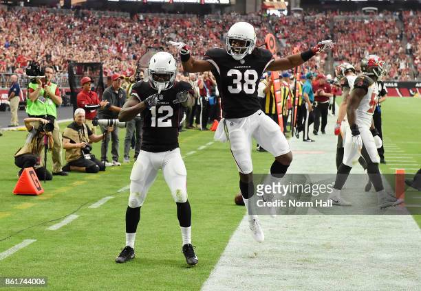 John Brown of the Arizona Cardinals celebrates with teammate Andre Ellington after scoring a touchdown against the Tampa Bay Buccaneers during the...
