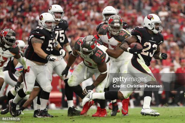 Running back Adrian Peterson of the Arizona Cardinals rushes the football past defensive tackle Gerald McCoy of the Tampa Bay Buccaneers during the...