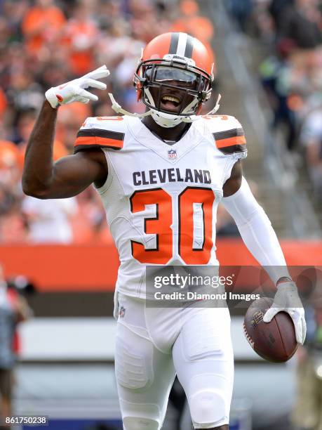 Cornerback Jason McCourty of the Cleveland Browns celebrates an interception in the second quarter of a game on October 8, 2017 against the New York...