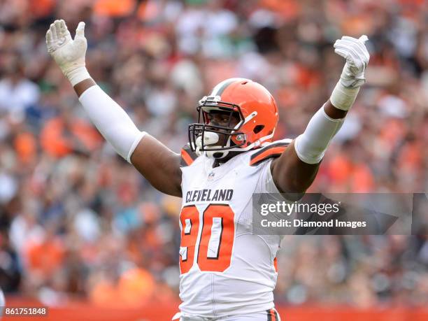 Defensive lineman Emmanuel Ogbah of the Cleveland Browns gestures toward the crowd in the second quarter of a game on October 8, 2017 against the New...