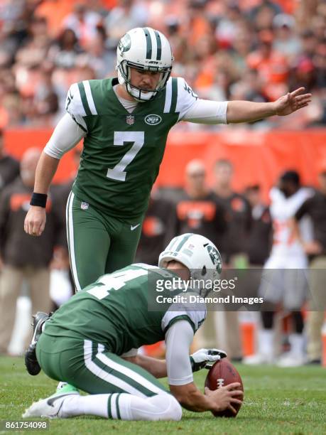 Kicker Chandler Catanzaro of the New York Jets attempts an extra point in the third quarter of a game on October 8, 2017 against the Cleveland Browns...