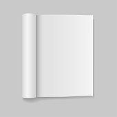 Blank open magazine template with rolled pages. Vector illustration.