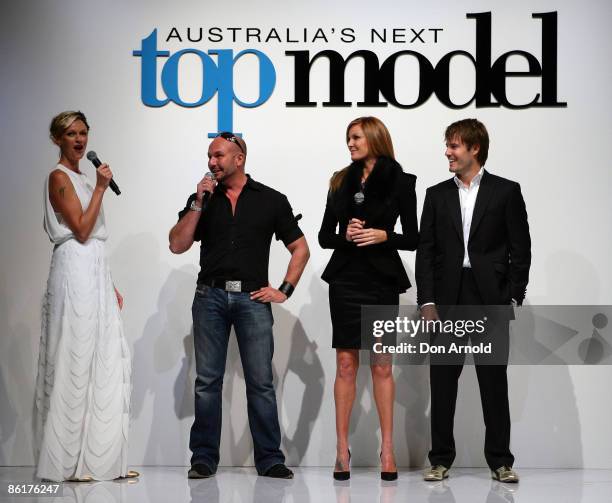 Sarah Murdoch, Alex Perry, Charlotte Dawson and Jonathon Pease address guests at the official launch party for 'Australia's Next Top Model' at...