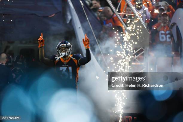 Justin Simmons of the Denver Broncos is introduced to the game against the New York Giants. The Denver Broncos hosted the New York Giants at Sports...
