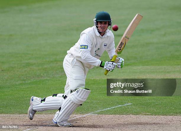 Steve Davies of Worcestershire plays a shot during the third day of the LV County Championship match between Nottinghamshire and Worcestershire at...