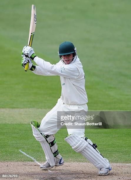 Steve Davies of Worcestershire plays a shot during the third day of the LV County Championship match between Nottinghamshire and Worcestershire at...