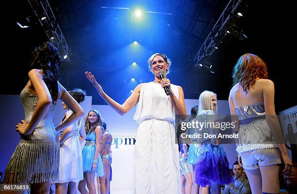 Sarah Murdoch addresses guests as models strut the catwalk during the official launch party for 'Australia's Next Top Model' at Australian Technology...