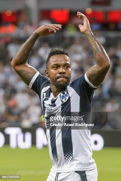 Dorlan Pabon of Monterrey celebrates after his teammate Rogelio Funes Mori scored the first goal of his team during the 13th round match between...