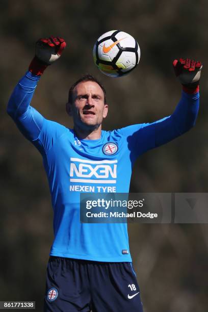 Goal Keeper Eugene Galekovic heads the ball during a Melbourne City A-League training session on October 16, 2017 in Melbourne, Australia.