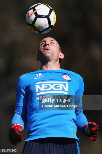 Goal Keeper Eugene Galekovic heads the ball during a Melbourne City A-League training session on October 16, 2017 in Melbourne, Australia.