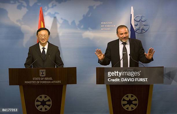 Israeli Foreign Minister Avigdor Lieberman and his Chinese counterpart Yang Jiechi hold a joint press conference at the foreign ministry in Jerusalem...