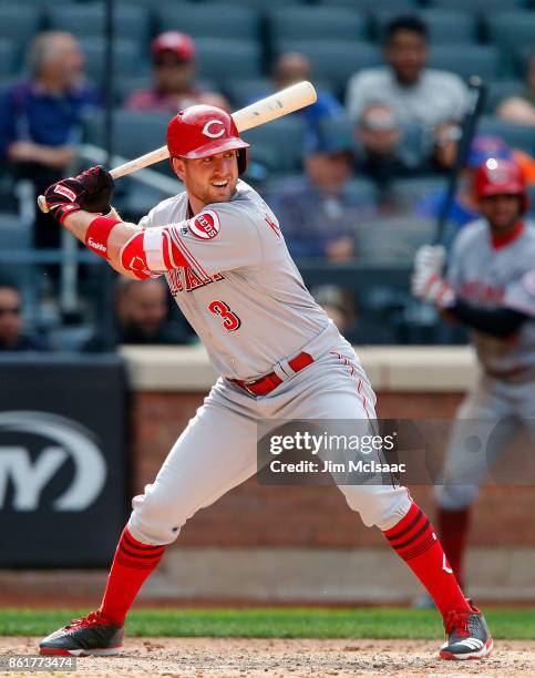 Patrick Kivlehan of the Cincinnati Reds in action against the New York Mets at Citi Field on September 10, 2017 in the Flushing neighborhood of the...