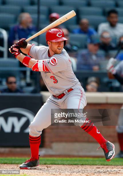 Patrick Kivlehan of the Cincinnati Reds in action against the New York Mets at Citi Field on September 10, 2017 in the Flushing neighborhood of the...