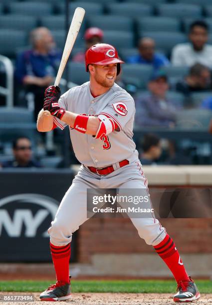 Patrick Kivlehan of the Cincinnati Reds in action against the New York Mets at Citi Field on September 10, 2017 in the Flushing neighborhood of the...