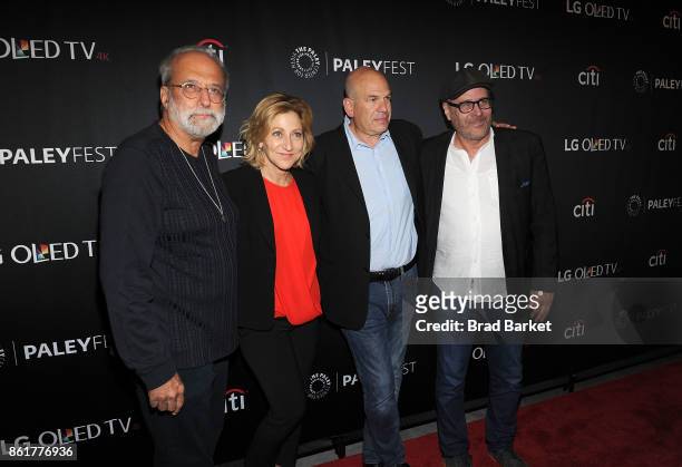 Tom Fontana, Edie Falco, David Simon and Terry Kinney attend the 2017 PaleyFest NY - "Oz" Reunion at The Paley Center for Media on October 15, 2017...