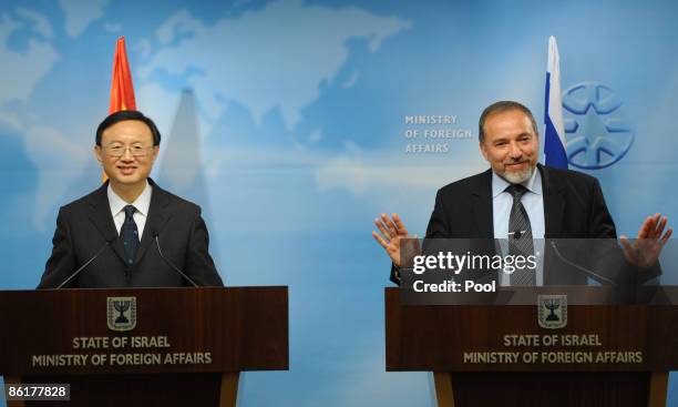 Israeli Foreign Minister Avigdor Lieberman holds a press conference with Chinese Foreign Minister Yang Jiechi on April 23, 2009 in Jerusalem, Israel....