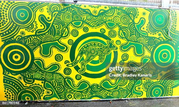 Indigenous art work by CR Krista Adams and Wallabies Indigenous jersey artist Denis Goulding is seen on Milton Road near Suncorp Stadium during an...