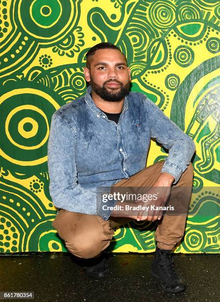 Wallabies Indigenous jersey artist Denis Goulding poses for a photo during an ARU media opportunity on October 16, 2017 in Brisbane, Australia.