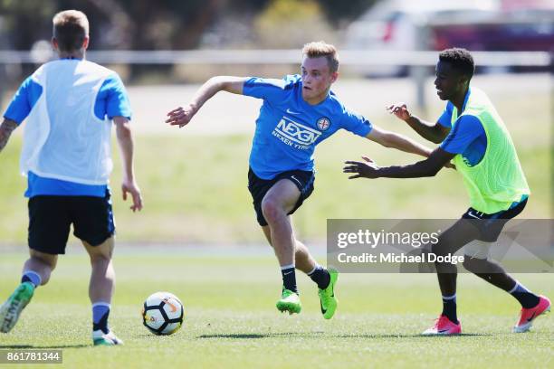 Youth player Nathaniel Atkinson competes for the ball during a Melbourne City A-League training session on October 16, 2017 in Melbourne, Australia.